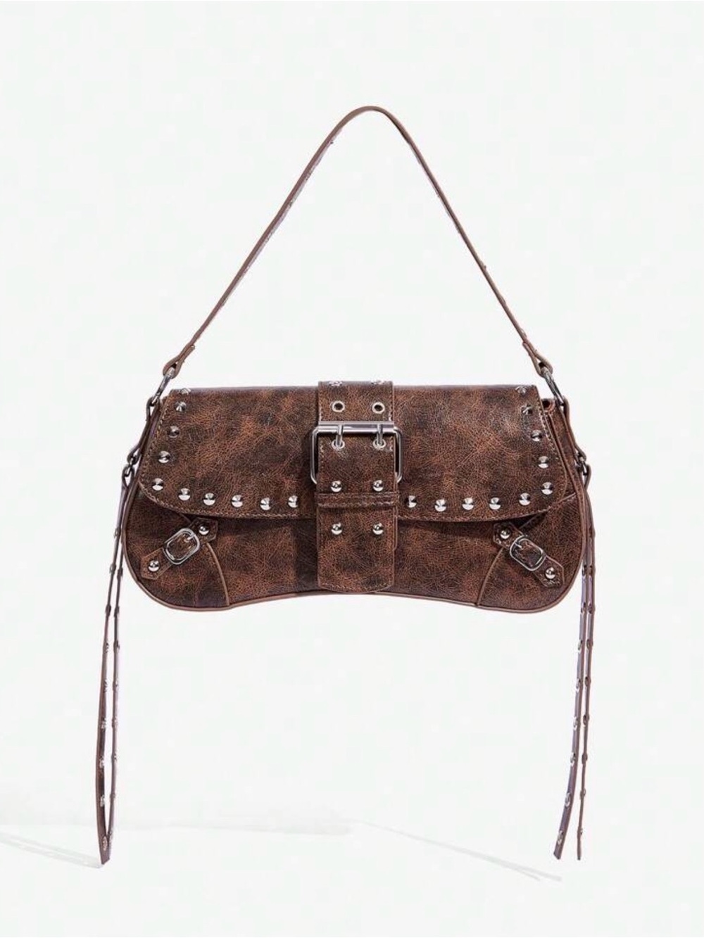 Studded Brown Buckle Shoulder Bag with Tassel Details